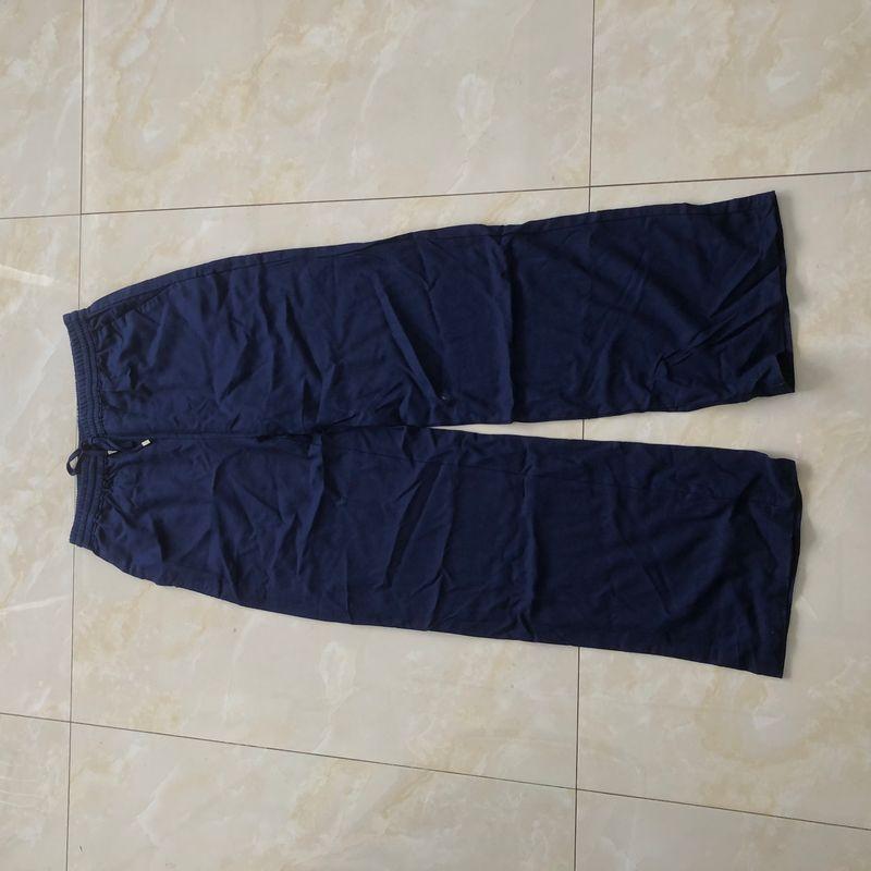 

Linen Wide-Leg Pants Summer and Autumn New Foreign Trade Women clothes Elastic High Waist Double Pocket Straight Casual Trousers 31586 Navy blue B- 16-5-4 S