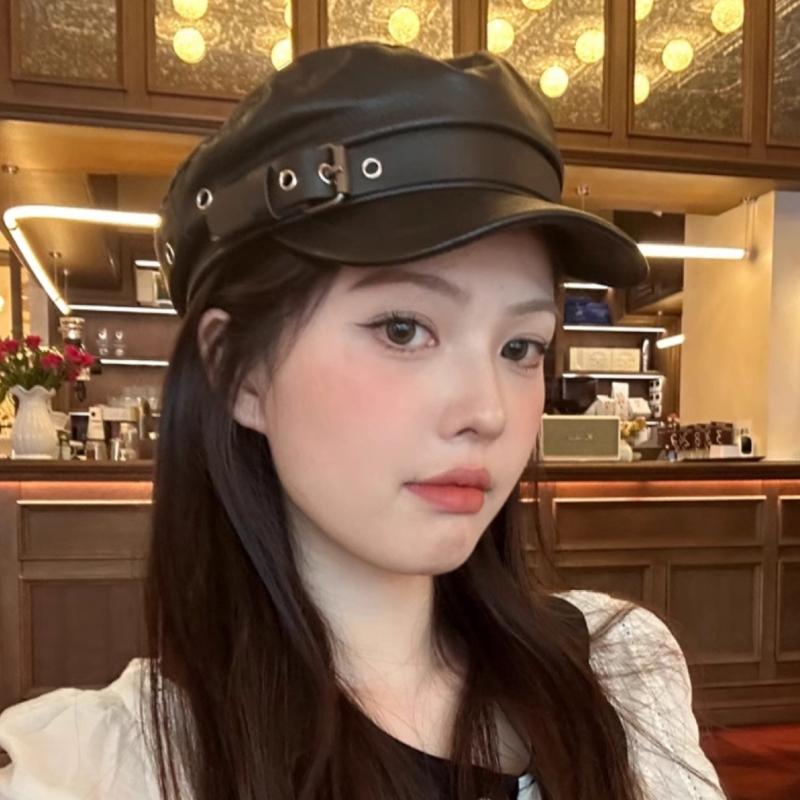 PU Painter Hat Flat Hat British Beret for Dating Photography Cabbie Headwear Painter Hat with Star Grommet Hat