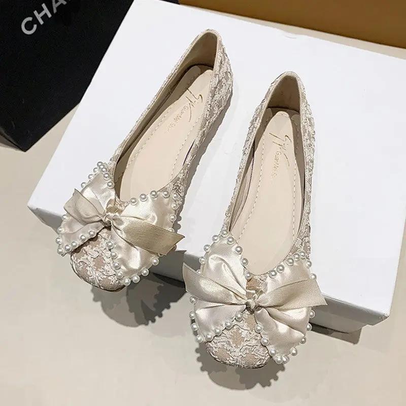 Fashion Ladies Footwear Low Heel Elegant with Bow Pearl Women's Flat Shoes Lastest Genuine Mark Chic Point High Quality Fashion Non Slip