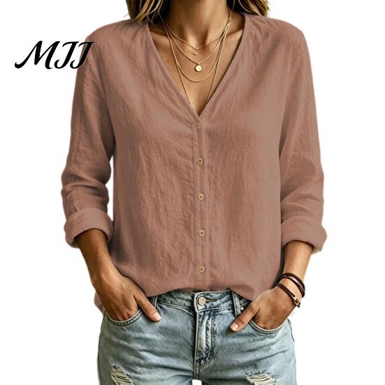 Early Autumn Women Shirt V-Neck Long Sleeves Shirt, Solid Color Button Front Cotton Casual Linen Blouse, Breathable Loose Fit Top for Daily