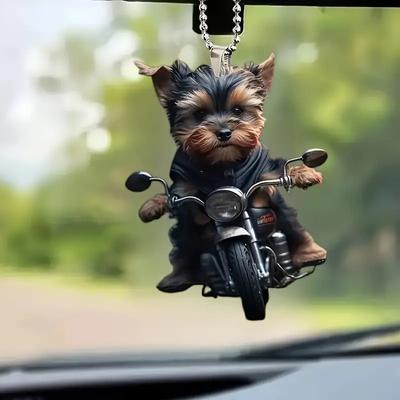 Jorkšyro terjeras ant motociklo kabančio akrilo ornamento – 2D lazeriu iškirpto šuns dizaino automobilio galinio vaizdo veidrodžio žavesys
