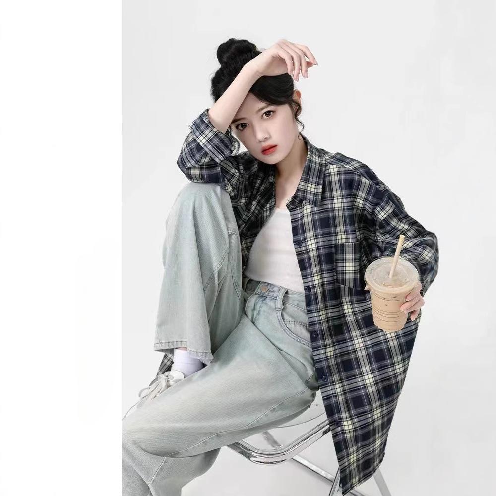 Lazy Style Retro Plaid Shirt for Women In Autumn Korean New Loose Long-sleeved Shirt Cardigan Jacket Top