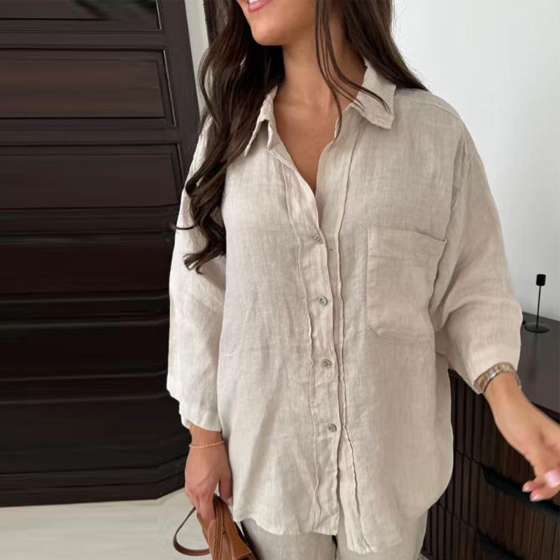 

Жіночий осінній шикарний вуличний одяг повсякденний комплект із двох частин модний лацкан однобортний сорочки вільні широкі штани одяг S бежевий