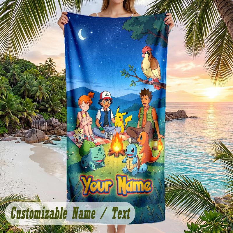Pokémon Beach Towel, Personalized Custom Name Text, Quick Dry Large Absorbent Towel For Beach Pool