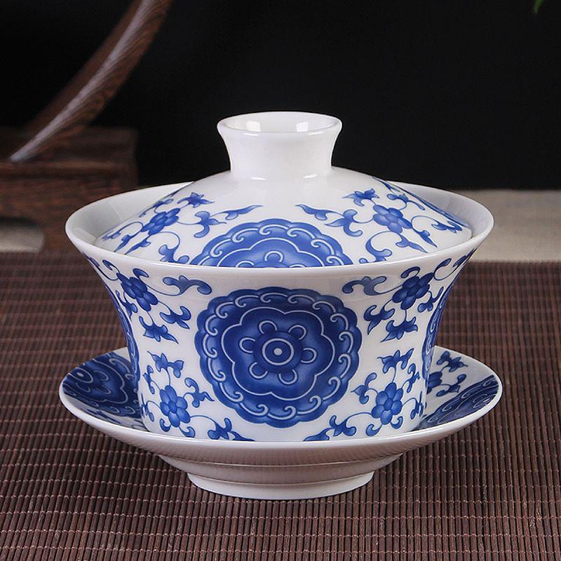 Extra Large Jingdezhen San Cai Gaiwan Ceramic Tea Set for Gongfu Eight Treasures Brewing, Ideal for Office and Home Use.