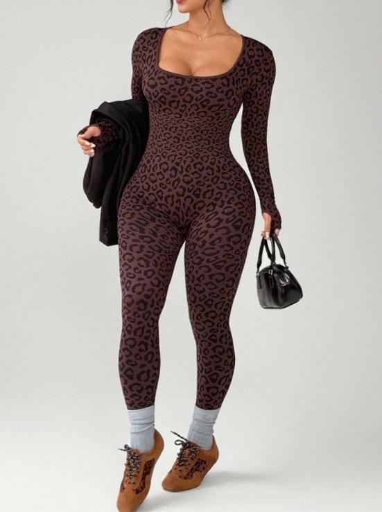 JYL Leopard Yoga Jumpsuit Long Sleeve Slim Outdoor Fitness Bodysuit L