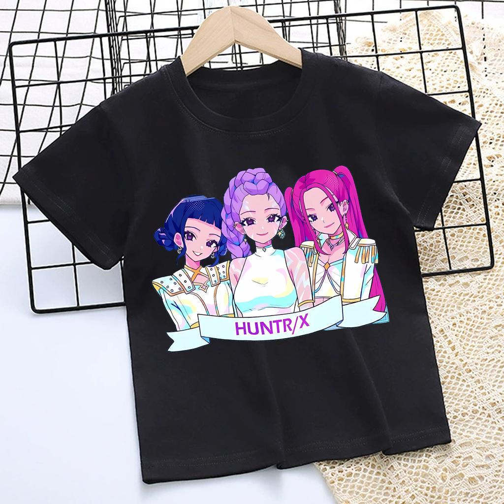 KPOP Demon Hunters T-shirt for Children Cartoon Black Tee Top Girls Round Collar Short Sleeve Clothes Kids Summer Clothing Gift