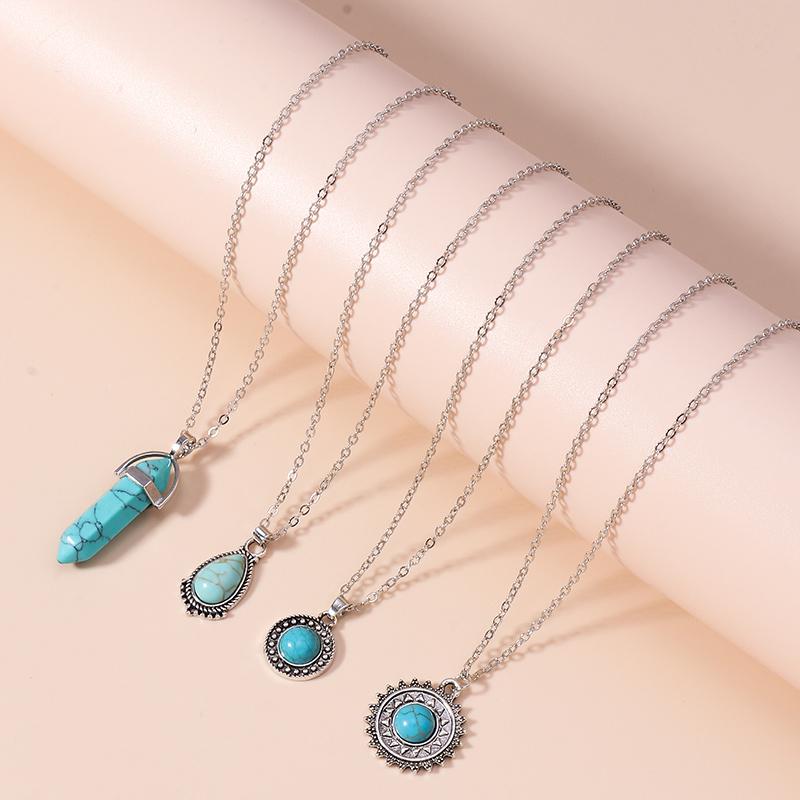 4Pcs/Set Bohemia Turquoise Stone Sun Pendant Necklace for Women Girls Party Festival Jewelry Gifts