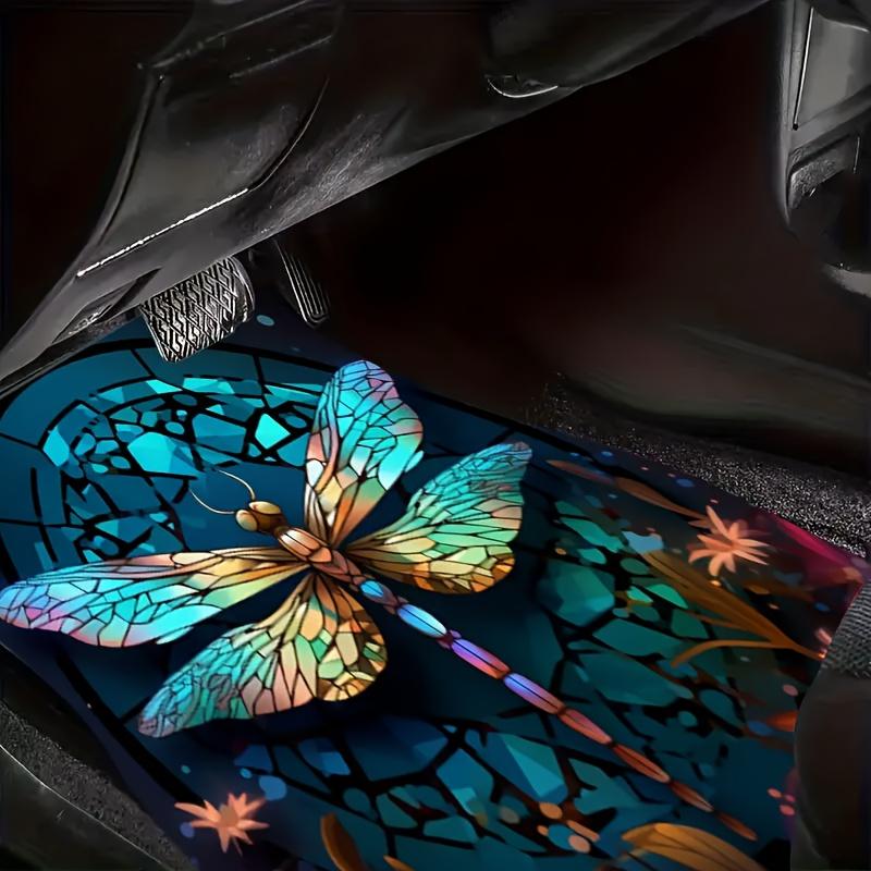 4pcs Dragonfly Pattern Printed Car Floor Mats - Universal Front And Rear Full Coverage Interior Decoration Additions, Suitable for Sedans, Vans