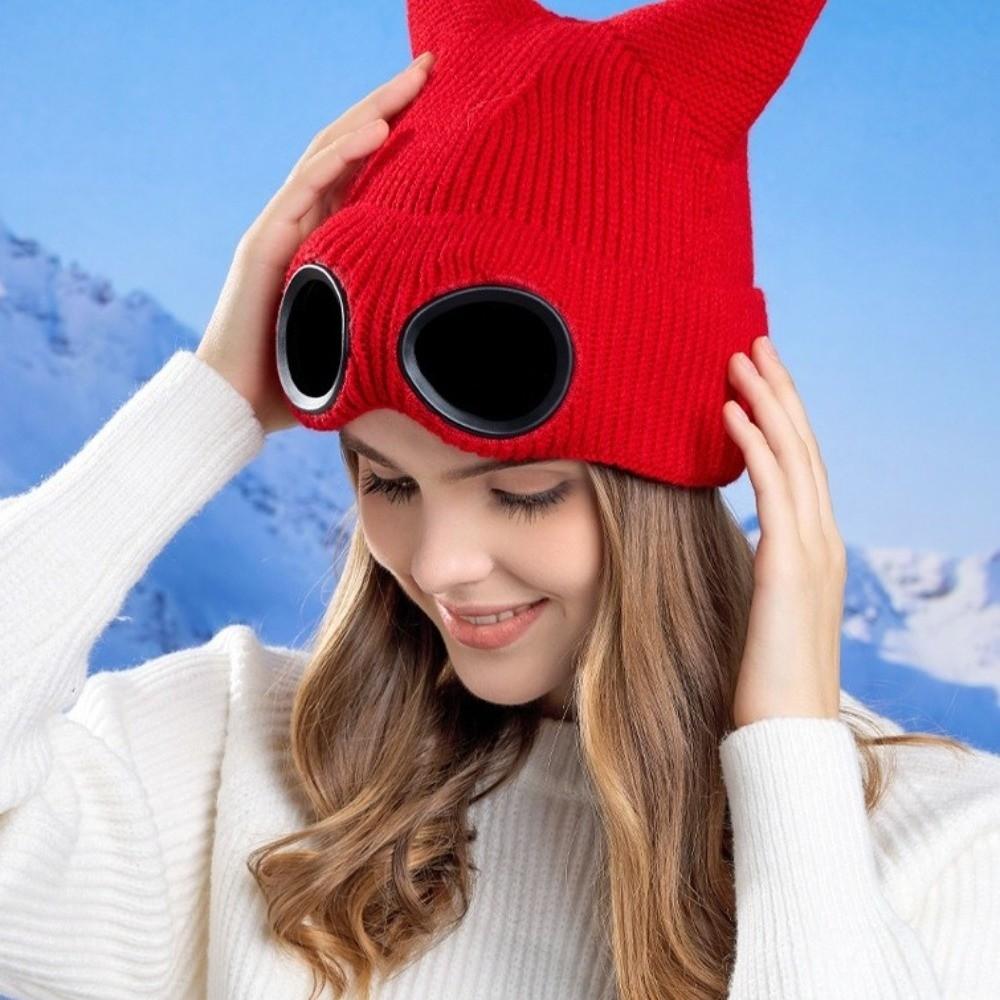 Warm Knitted Goggles Hat Windproof Skullies Hat Fashion Winter Beanie for Women