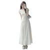 Summer new design round neck short-sleeved jacquard dress women's French temperament waist and thin long A-shaped skirt