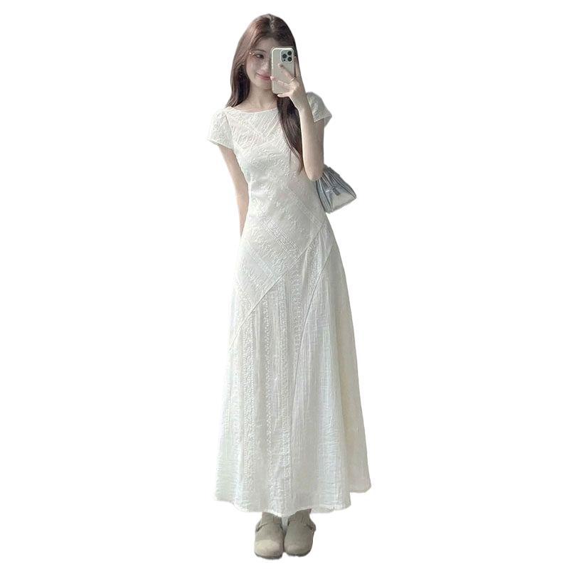 Summer new design round neck short-sleeved jacquard dress women's French temperament waist and thin long A-shaped skirt