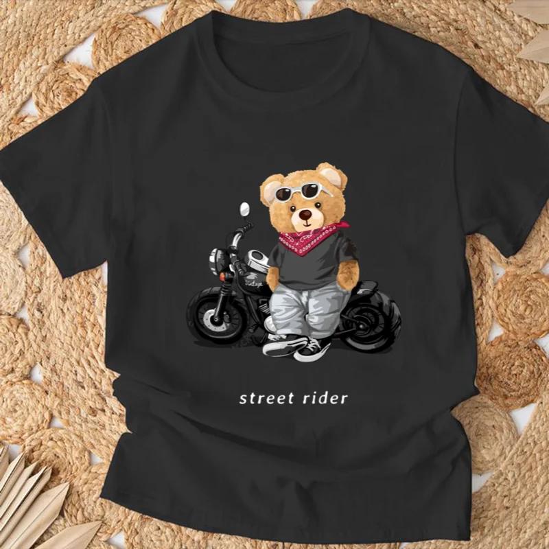 Motorcycle Lovers Street Teddy Knight Print T-Shirt Men's Loose Casual Short Sleeve Summer 100% Cotton Clothing in 2024