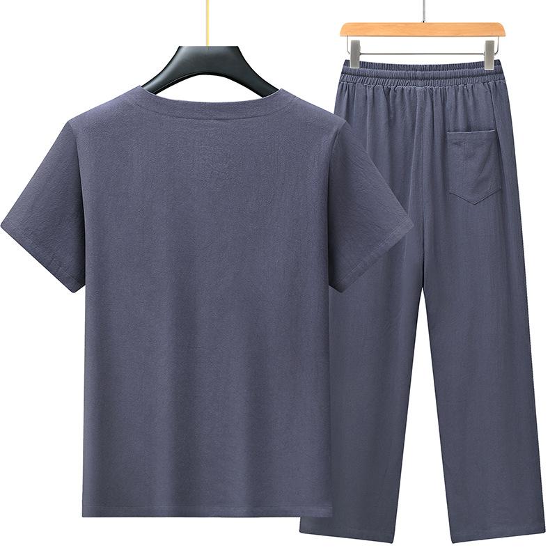 Large Size Middle-aged and Elderly Men's Tang Style Dad Summer Suit Men's Middle-aged Hanfu Chinese Style Summer Men's Pure Cotton Set Two-piece Set