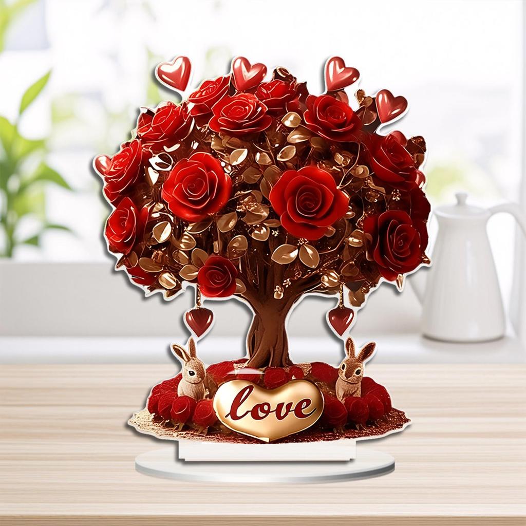 Valentine'S Day Flat Sign Table Decor 2d Acrylic Rose Tree With Heart Valentines Decorations For Home Decor Hot Ornaments