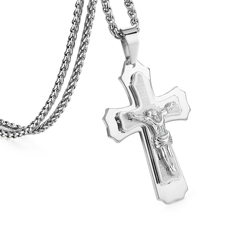 Bible Silver Color Jesus Cross Stainless Steel Pendants Necklaces Byzantine Long Chain Necklace for Men Jewelry Colar Collier