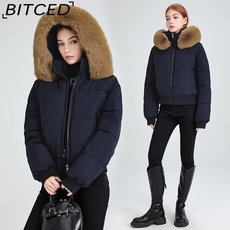 BITCED High-Waisted Oversized Fur-Trimmed Hooded Cropped Cotton Jacket for Women Autumn/Winter Down-Filled Cotton Jacket Slim-Fit Jacket Outerwear