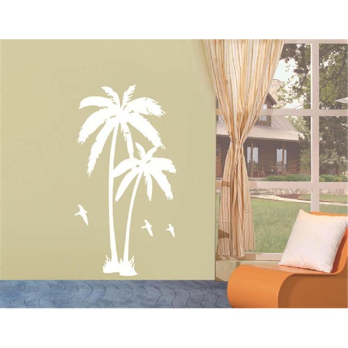 BIBITIME 2 Coconut Palms Wall Sticker White Birds Silhouette Vinyl Coco Decor Decals for Office Background Decorations Living Room Bedroom Nursery