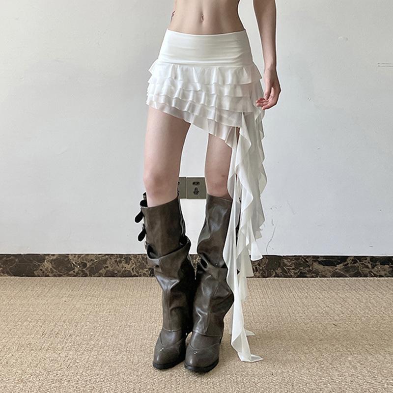 European and American Ruffled Irregular Mesh Multi-layer Low Waist Sexy Short Skirt for Women