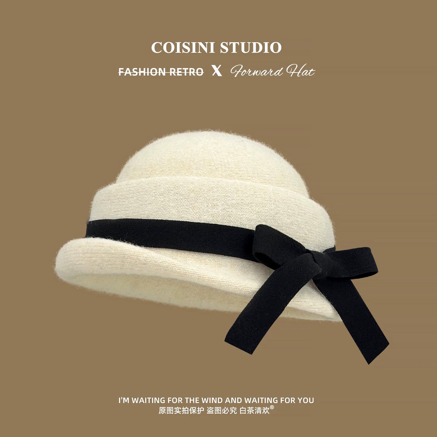 

Hepburn style black woolen thousand gold top hat women s spring and autumn bow high-end temperament basin hat shows small face and trendy 56-58cm бежевий