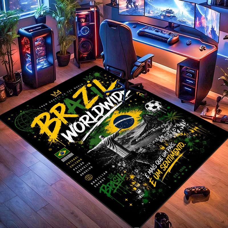 Brazil Worldwide Rectangular Rug, Brazil Flag Soccer Culture Print Non Slip Floor Mat for Fan Living Room Bedroom Decor