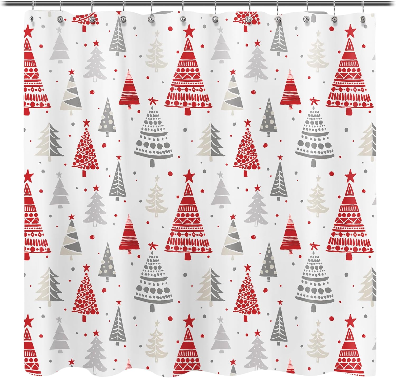 

Christmas Shower Curtain, Red and Gray Xmas Trees with Stars and Snow Pattern Shower Curtain for Bathroom Decor, 71x71 Inch 90x180CM