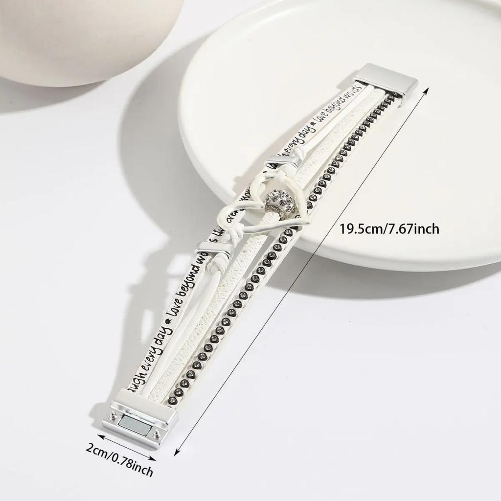 Vintage Multi-layer Leather Bracelet Womens Hollowed Out Heart-shaped Crystal Studded Magnetic Buckle Bangle Party Jewelry