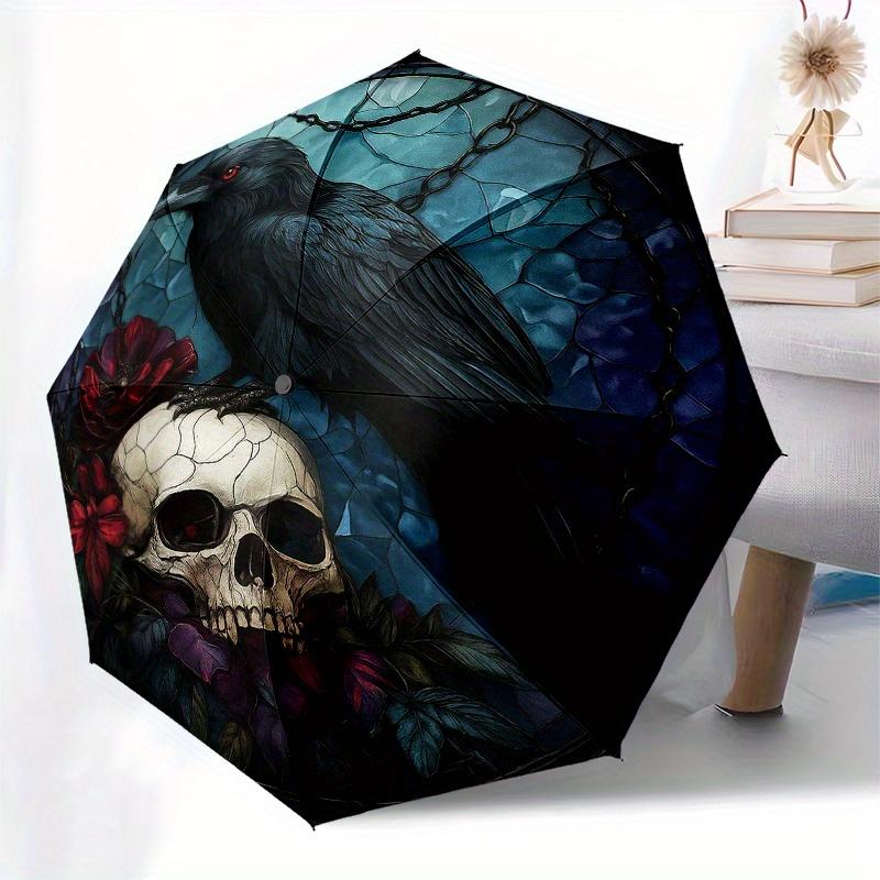 Gotische Krähe & Schädel Buntglas Wandkunst DekorationRegenschirmTragbarer 3-fach Kompakter Regenschirm für Damen & Herren Geschenk