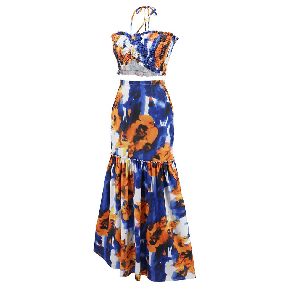 Zweiteiliges Set für Damen, Bohemian-Druck, Kleid, Zopfmuster, hängender Hals, Oberteil, Hüfte, umwickelt, Fischschwanz