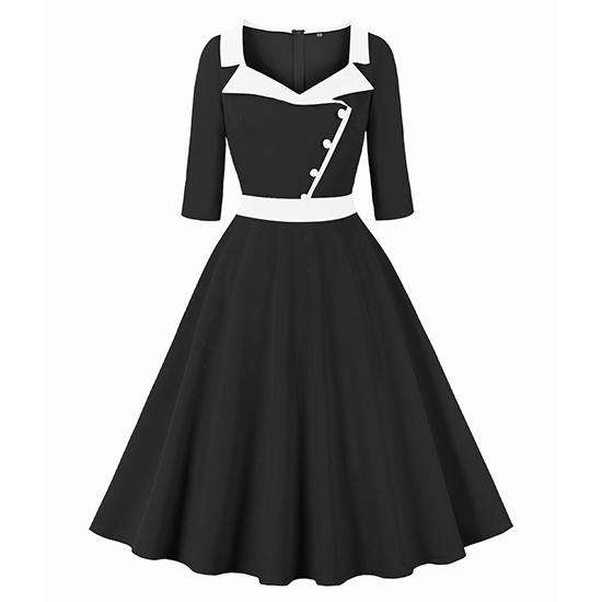 

Весенний стиль, костюмный воротник, пэчворк, рукава три четверти, приталенный силуэт для подчеркивания фигуры, платье с широкой юбкой S чёрный