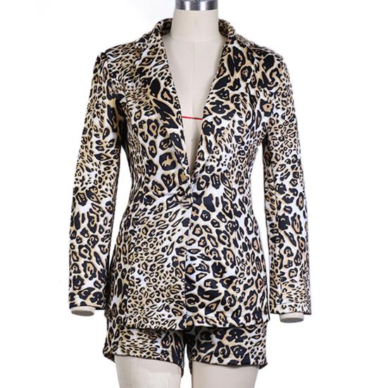 2 Pcs/Set Women Blazer Shorts Set Long Sleeves Slim Fit Elegant Deep V Neck Wash-and-wear Leopard Print