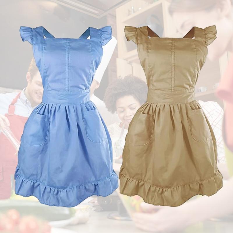 Women Ruffled Apron with Pocket Cotton Apron Pinafore Dress Ruffle Maid Apron Kitchen Cooking Apron for Baking Gardening