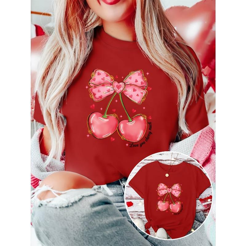 Valentine's Day Gift: Women's Elegant Short-Sleeve Cherry Bow Print Round Neck T-Shirt. Suitable for Spring, Summer, and Autumn. A Versatile,