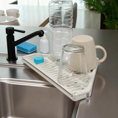 Triangle Corner Sink Caddy Dish Drying Rack Over The Sink Roll Up Dish Drainer Mat with Suction Cups Kitchen Organizer