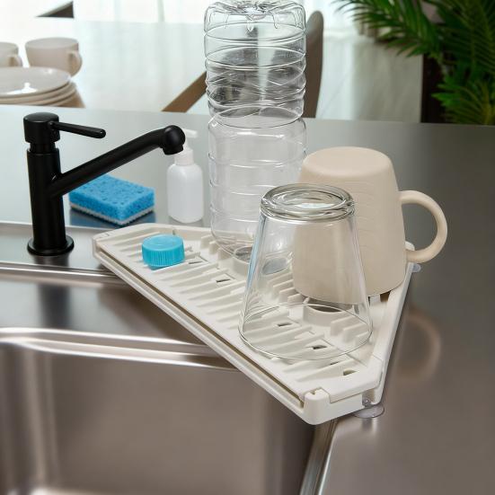 Triangle Corner Sink Caddy Dish Drying Rack Over The Sink Roll Up Dish Drainer Mat with Suction Cups Kitchen Organizer