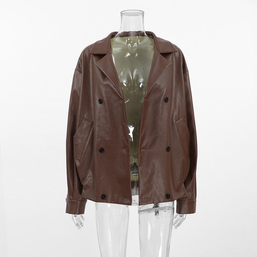 Casual Leather Jackets Women Loose V Neck Double Breasted Fashion Coats Female Autumn Winter Long Sleeves PU Outwears Lady