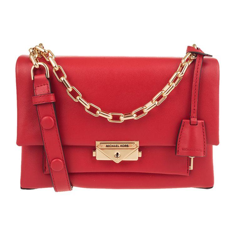 Michael Kors Cece Gold Buckle Flap Commuter Solid Color Chain Leather Crossbody Shoulder Bag Medium Women Bags Red 30S9G0EL2L-BRIGHT-RED