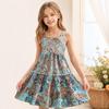 Vacation-Style Floral Print Suspender Dress Summer Girls' Clothing Backless Dress Waist-Cinching Beach Dress