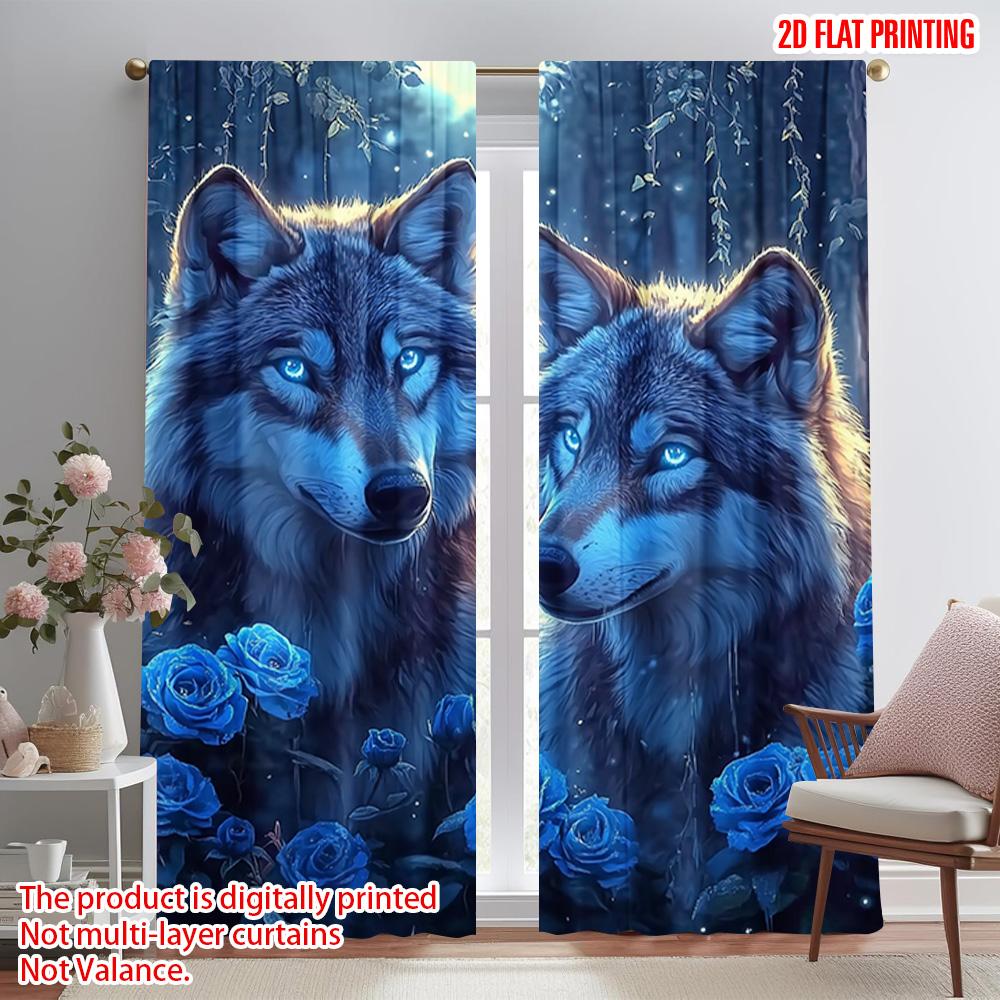 2pc  2D Plane Printing Curtains&Window Treatment Mystical Wolf & Blue Roses Polyester Easy Install (without Rod) Festive Perfect