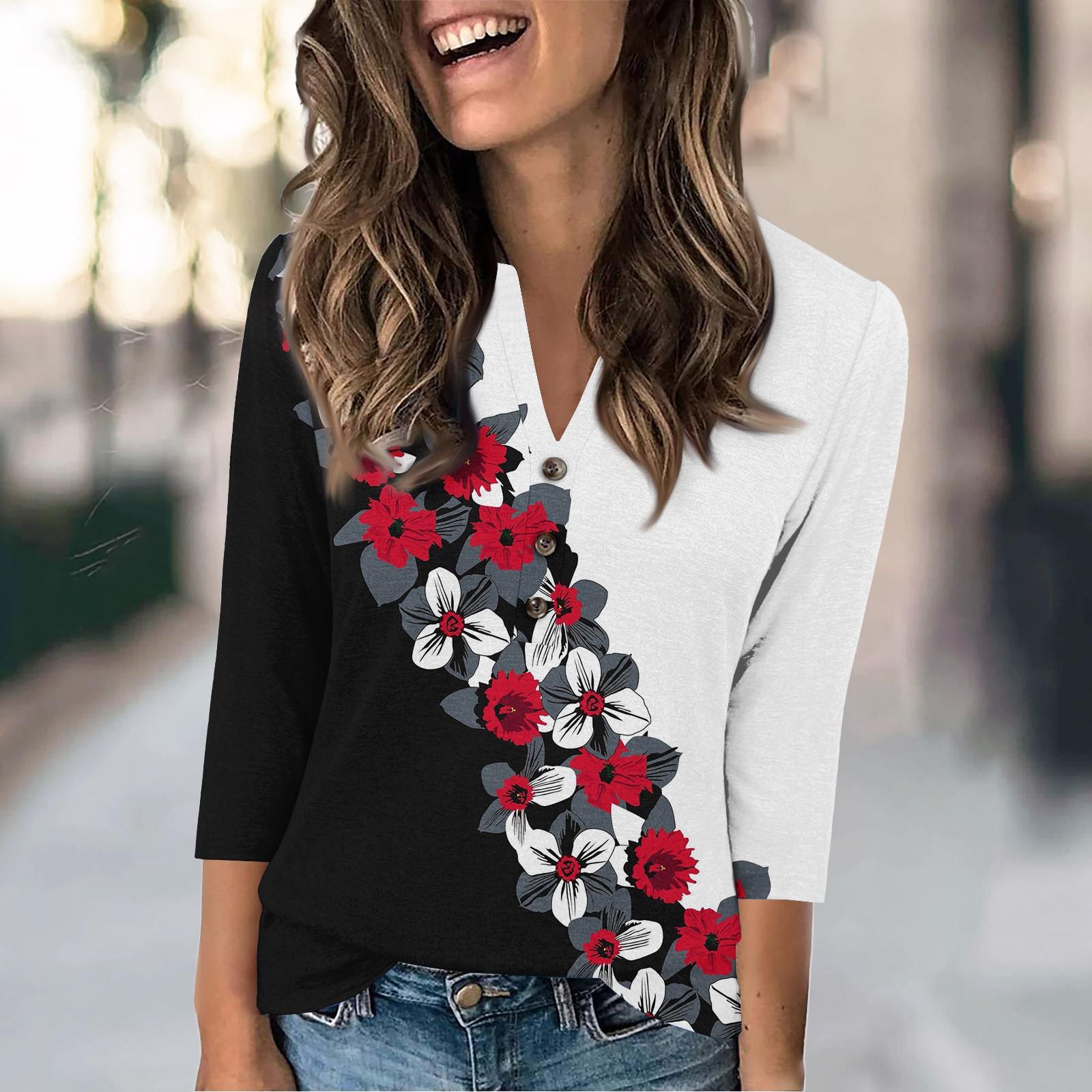 

Женская модная повседневная футболка с винтажным цветочным принтом и V-образным вырезом, рукавом 3/4, на пуговицах XXL винный