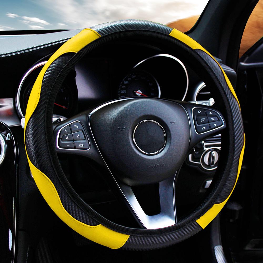 Comfortable Wear-Resistant Carbon Fiber Leather Steering Wheel Cover for 14.5-15 Inch Universal Female Cars.