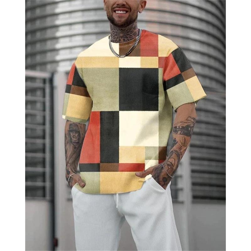 Tricou de vară pentru bărbați retro negru alb cu model geometric cu linii cubice, cu imprimeu mare, mânecă scurtă, top casual