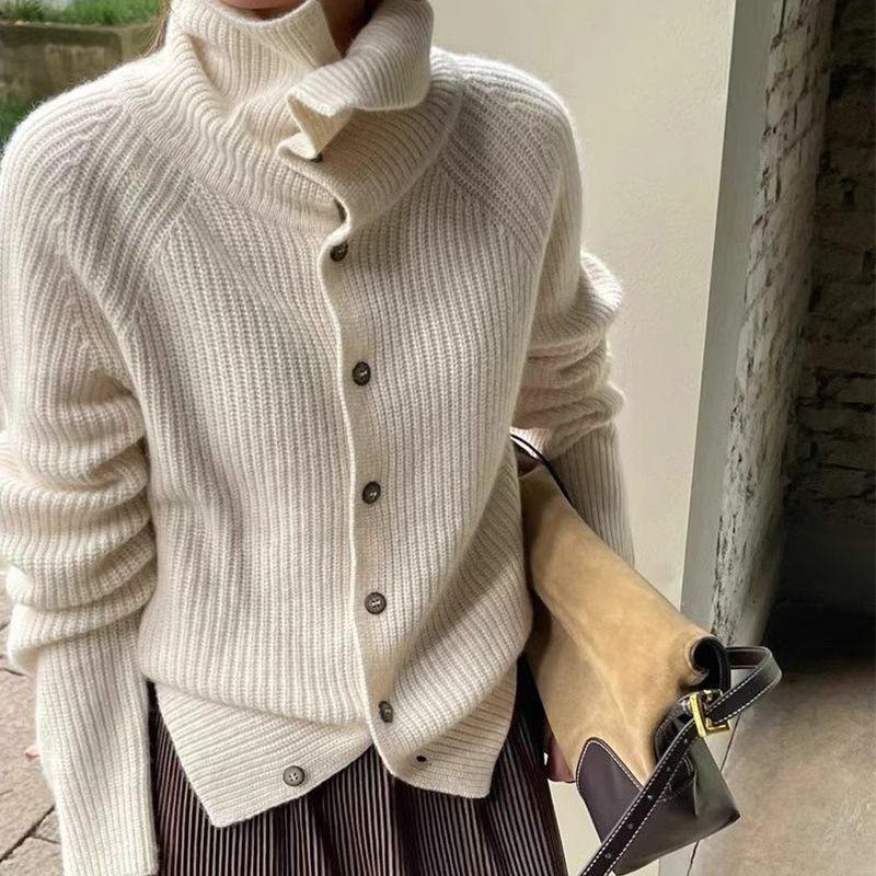 Autumn Winter Turtleneck Cardigan for Women Elegant Long Sleeve Sweaters Fashion Pit Strip Casual Basic Loose Knitted Coats