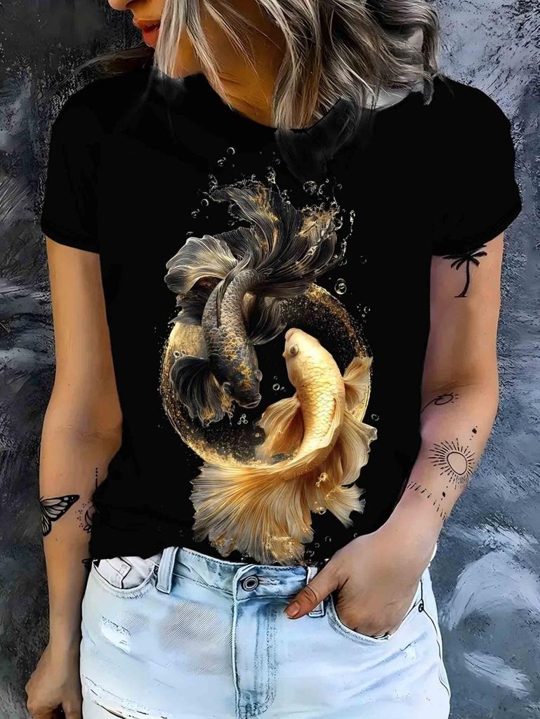Summer Women's 3D Print Goldfish Graphics T-Shirt Fashion Casual Tees O-Neck Tops Short Sleeves T-Shirt Street Women's Clothing