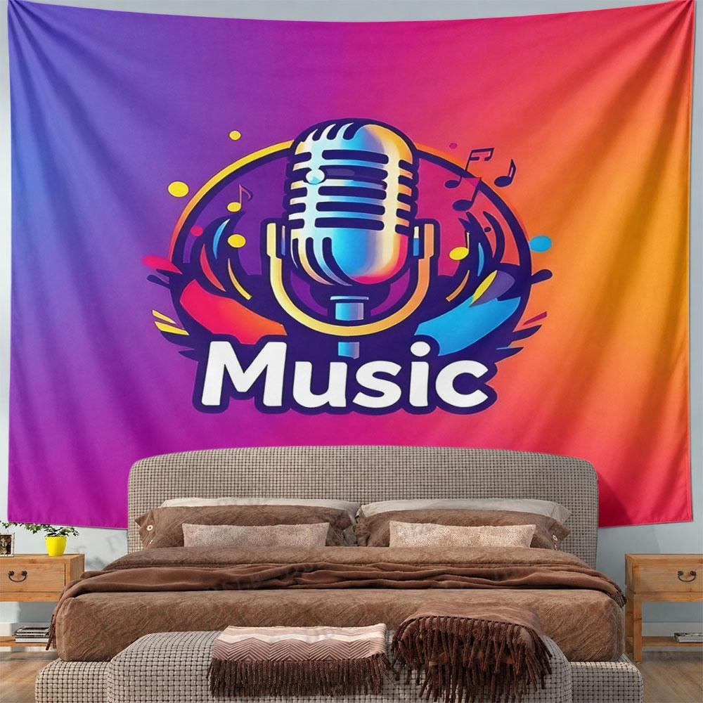 Colorful Retro Microphone with Music Notes Pattern Wall Hanging Tapestry Decorative Tapestry Home Decor for Bedroom and Living Room