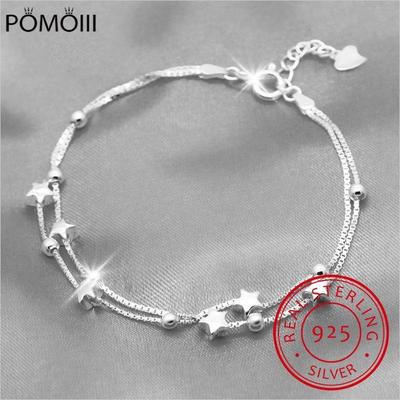 100 %925 Solid Real Sterling Silver Fashion Double Layer Star Beads Bracelet 17cm For Women Girl Silver Jewelry Ds1211