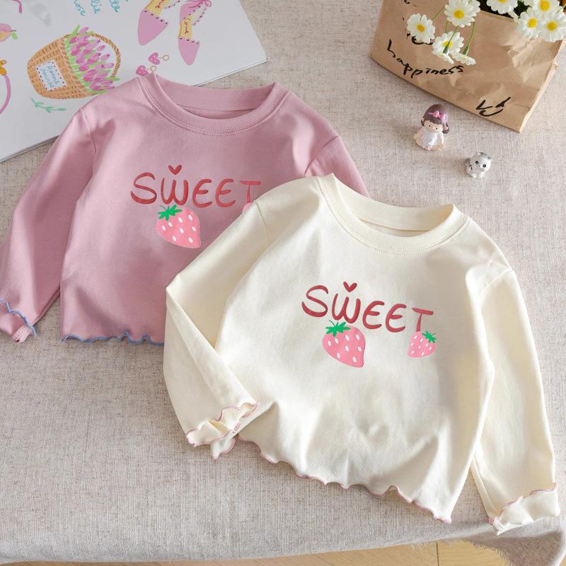 Girls Pure Cotton Long Sleeve T Shirt Korean Round Neck Ruffle Trim Solid Baby Base Layer Top