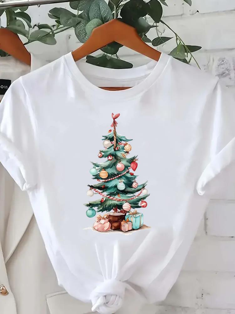 (Asian Size) leopard tree happy new year Tee merry Christmas festival O-neck Clothing Women's Top T Print Fashion ladies Graphic T-shirts