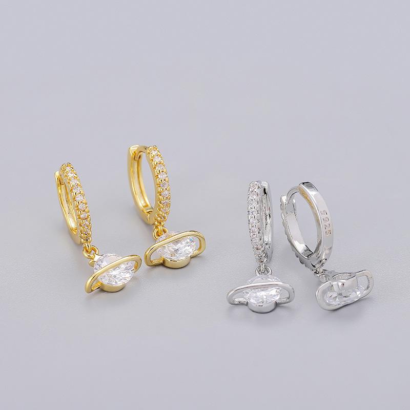 ANENJERY Zircon Star Planet Hoop Earrings Female Light Luxury Handmade Golden Earrings