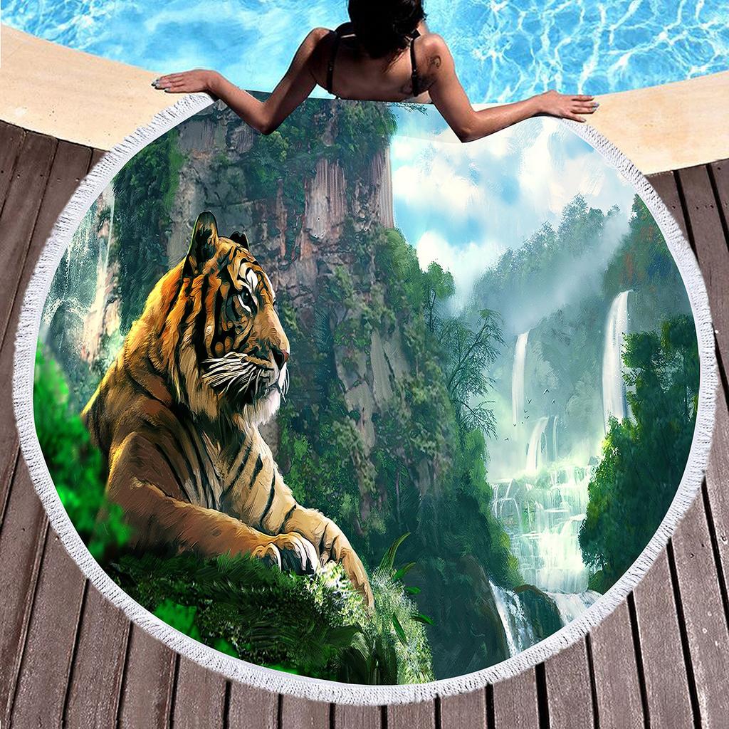 Wild Animal Print Round Beach Towel with Tassels, Sand Resistant Beach Blanket, Absorbent Quick Dry Pool Towel Soft Picnic Mat
